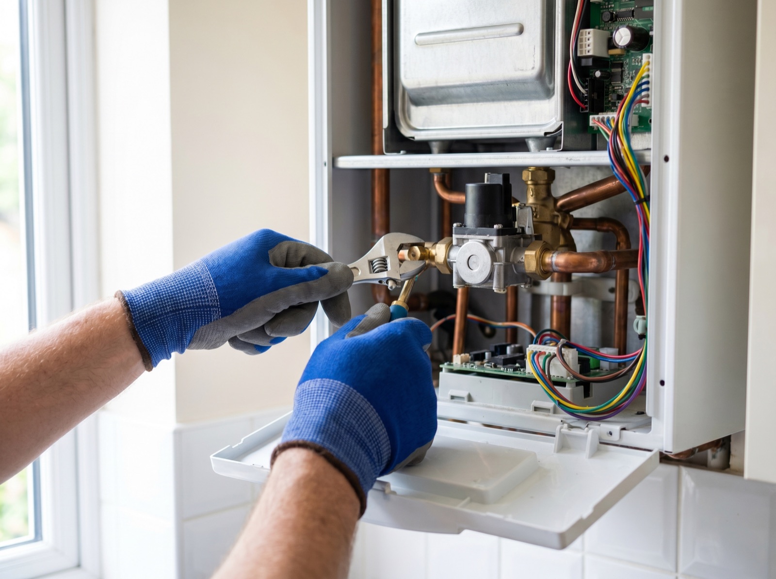 Gas engineer repairing the inside of a combi boiler