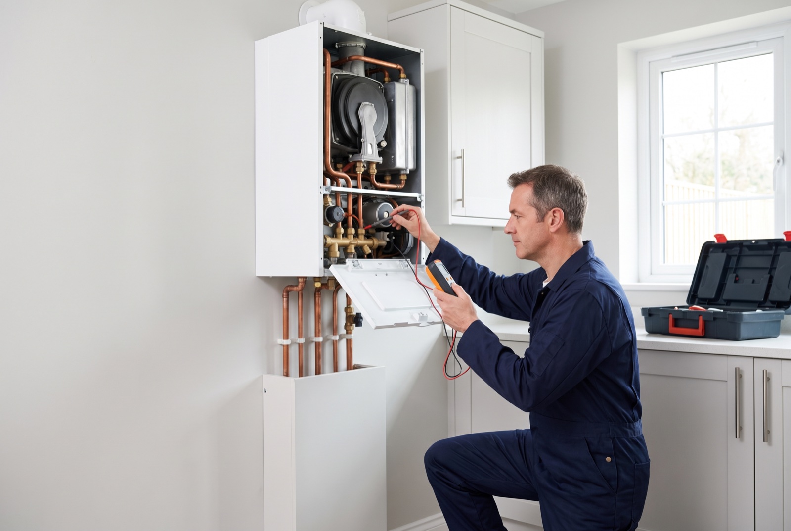 Gas engineer in overalls servicing an open combi boiler in a clean utility room