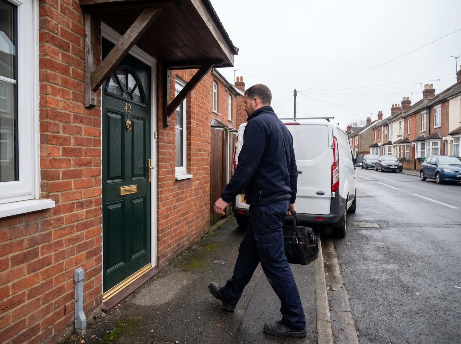 Engineer arriving at a Reading house with his tool bag