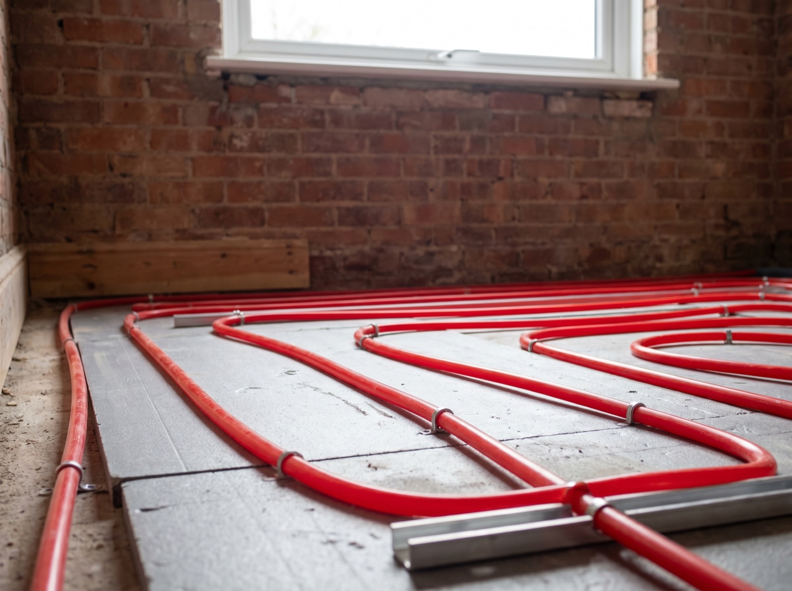 Wet underfloor heating pipework laid across a floor